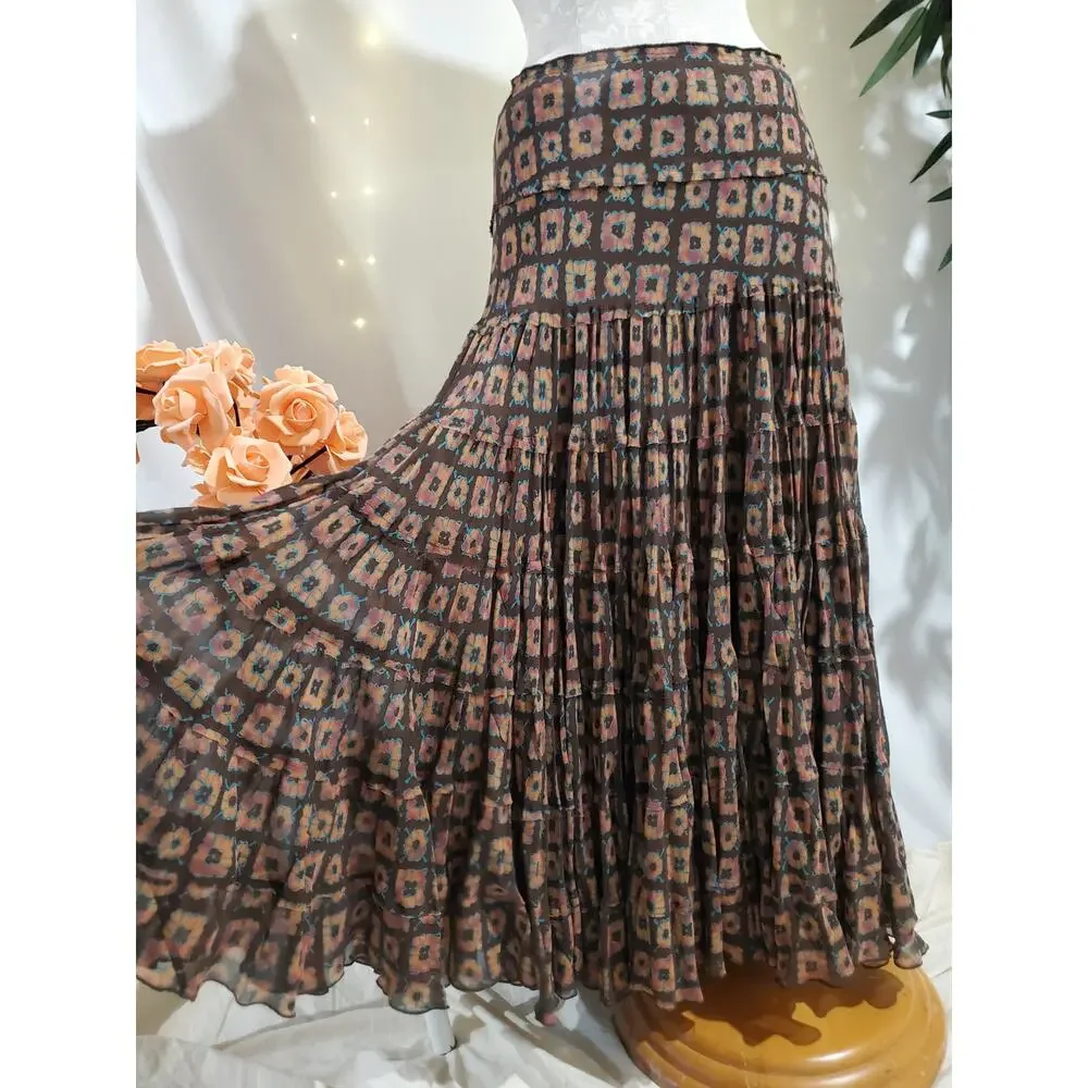 Vtg Jones New York 100% Silk Boho Floral Print Tiered Maxi Hippie Skirt Size 8 - Picture 6 of 11